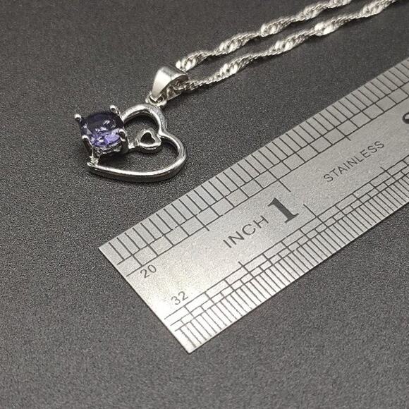 Sterling Silver & Lab Amethyst Double Hearts Necklace Women's Fashion Gift NEW! - Picture 1 of 8